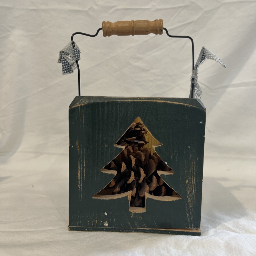 Wood Decor Box With Handle Pine Tree 5 In Tall 5 In Wide Rustic Christmas‎ Decor
